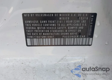 2016 Volkswagen Golf Sportwagen Tsi Limited Edition z USA, uszkodzony, nr VIN 3VWC17AU7GM518907